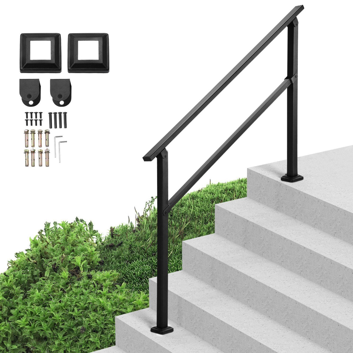 Outdoor Handrails for 4-5 Step Stairs Black Square Tube Easy Install for Senior