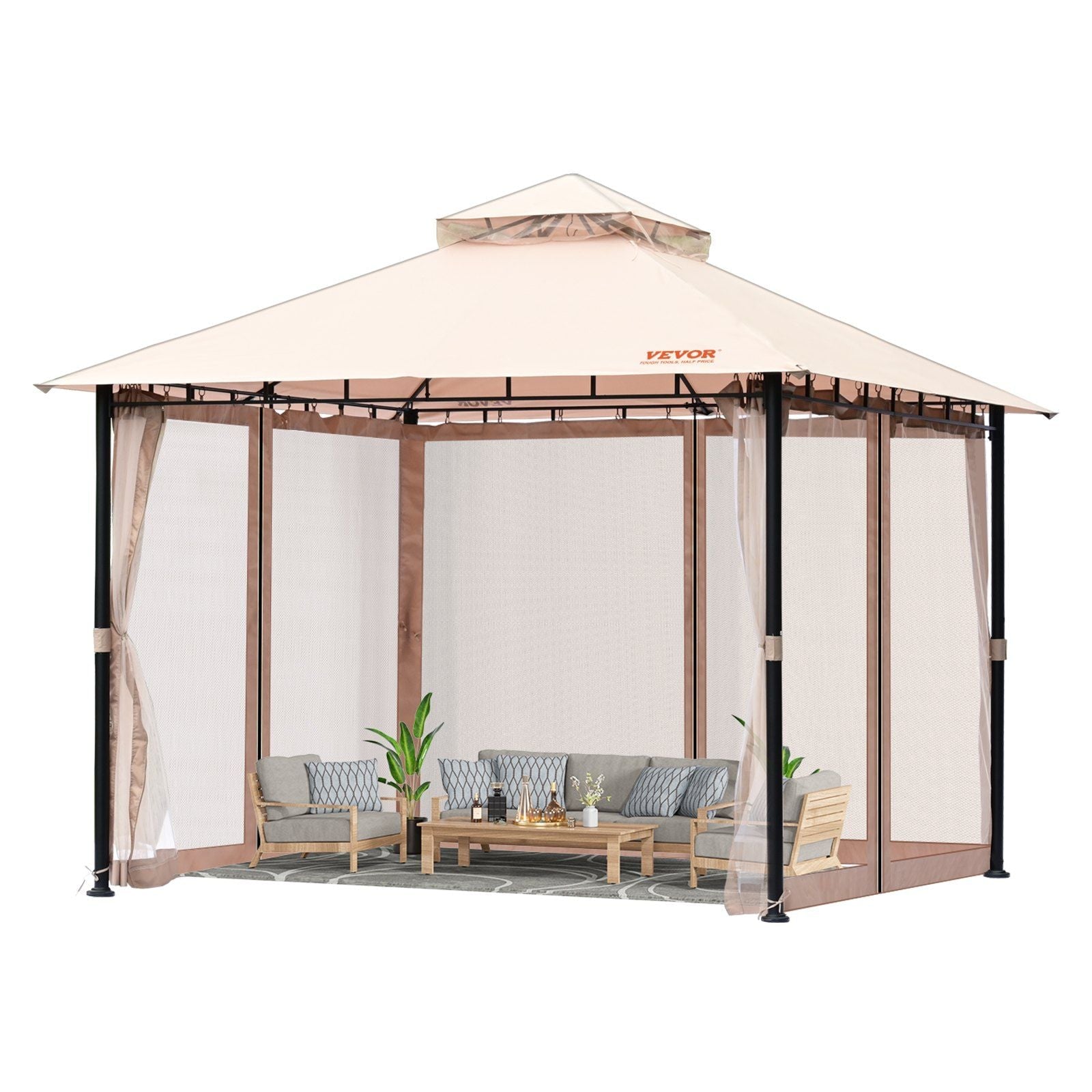 Patio Gazebo for 6-8 Person, 10 x 10 FT Backyard Gazebo, with Mosquito Netting, Metal Frame, and PU Coated 180G Polyester, Outdoor Canopy Shelter for Patio, Backyard, Lawn, Garden, Deck