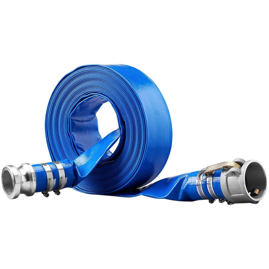 Backwash Hose, 2 in x 50 ft, Heavy-Duty PVC Flat Pool Discharge Hose with Aluminum Camlock C & E Fittings, Clamps, Compatible with Pumps, Sand Filters, for Swimming Pools Waste Water Drain, Blue