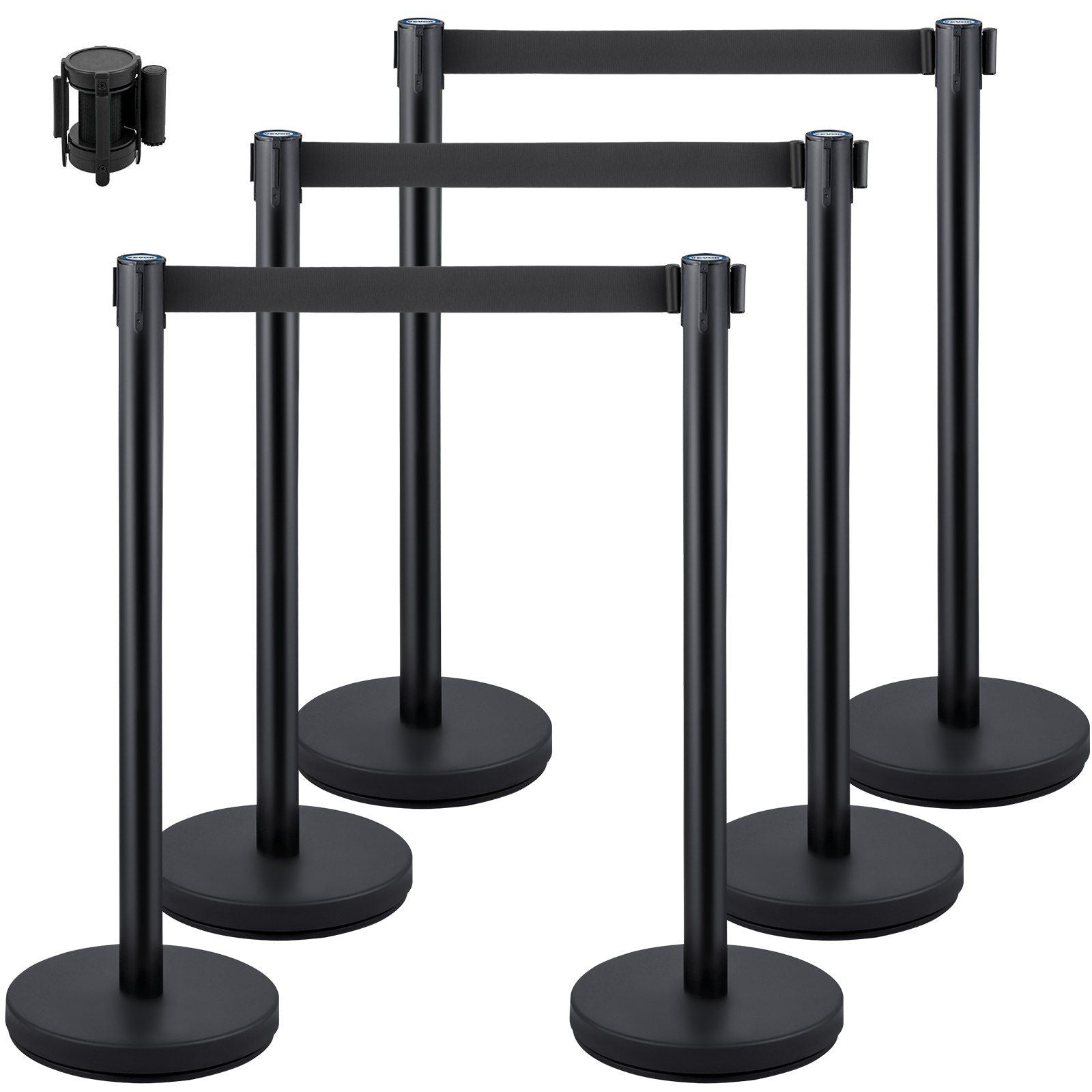 6 PCS Black Stanchion Posts Stainless Steel Stanchion Queue Post Black Belt Retractable 36In for Both Indoor and Outdoor use.