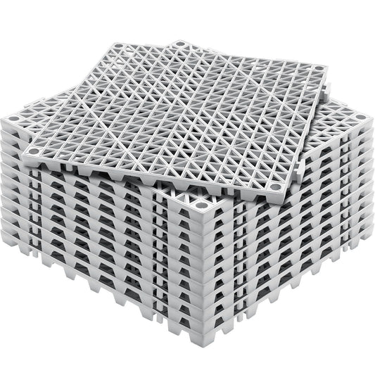 Modular Interlocking Cushion, 12 Pack 12" x 12" Splicing Drainage Mats, PVC Interlocking Drainage Floor Tiles, Non-Slip Drainage Holes for Restroom, Bathroom, Kitchen, Pool, Wet Areas, Gray