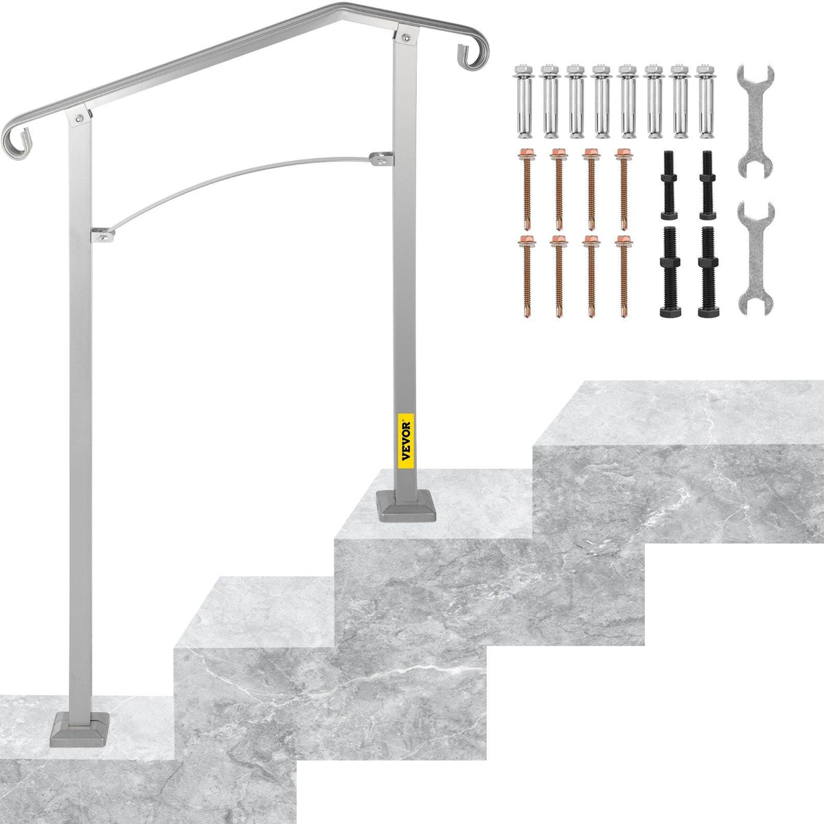 Outdoor Stair Railing, Fit 2 or 3 Steps Alloy Metal Handrailing, Front Porch Flexible Transitional Handrail, Arch Step Rail with Installation Kit, for Concrete or Wooden Stairs, Silver