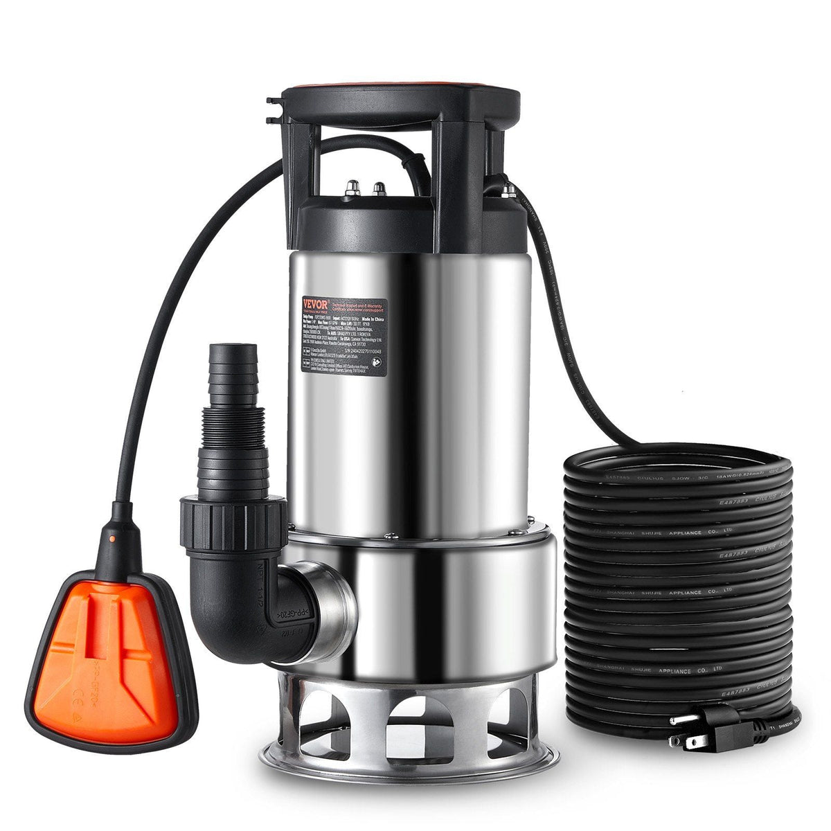 1HP Sump Pump, 4020GPH, 30FT Lift Stainless Steel Submersible Sludge Pump with 26FT Power Cord Automatic ON/OFF Float Switch, Drain Clean/Dirty Water for Basement Flood Pool Pond Garden Hot Tub
