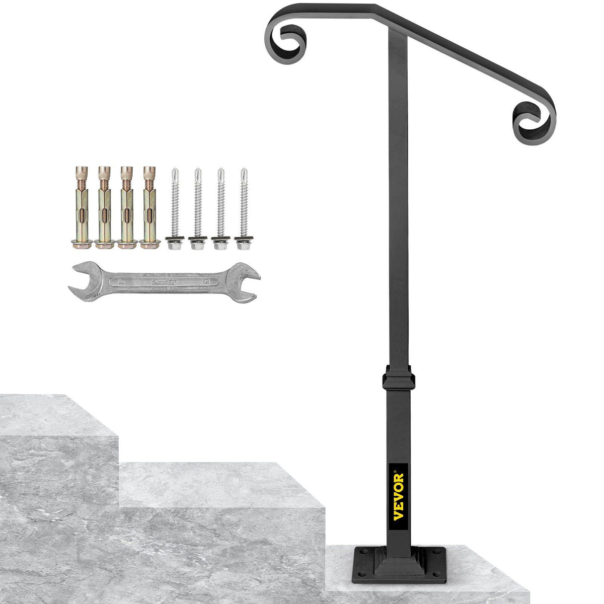Handrails for Outdoor Steps, Fit 1 or 2 Steps Outdoor Stair Railing, Single Post Wrought Iron Handrail, Gray Transitional Porch Railings for Concrete Steps or Wooden Stairs with Base