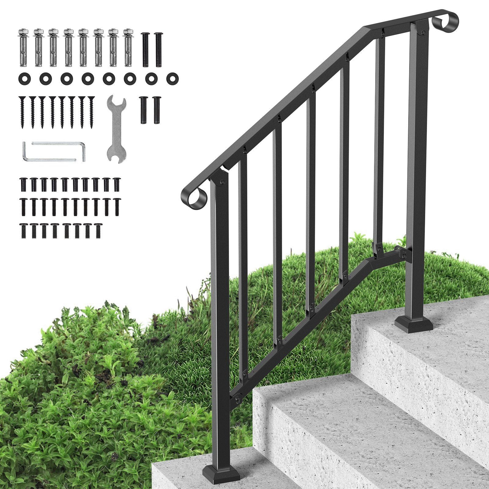 2-3 Step Handrails for Outdoor for Seniors Porch Deck Black Retro Arch
